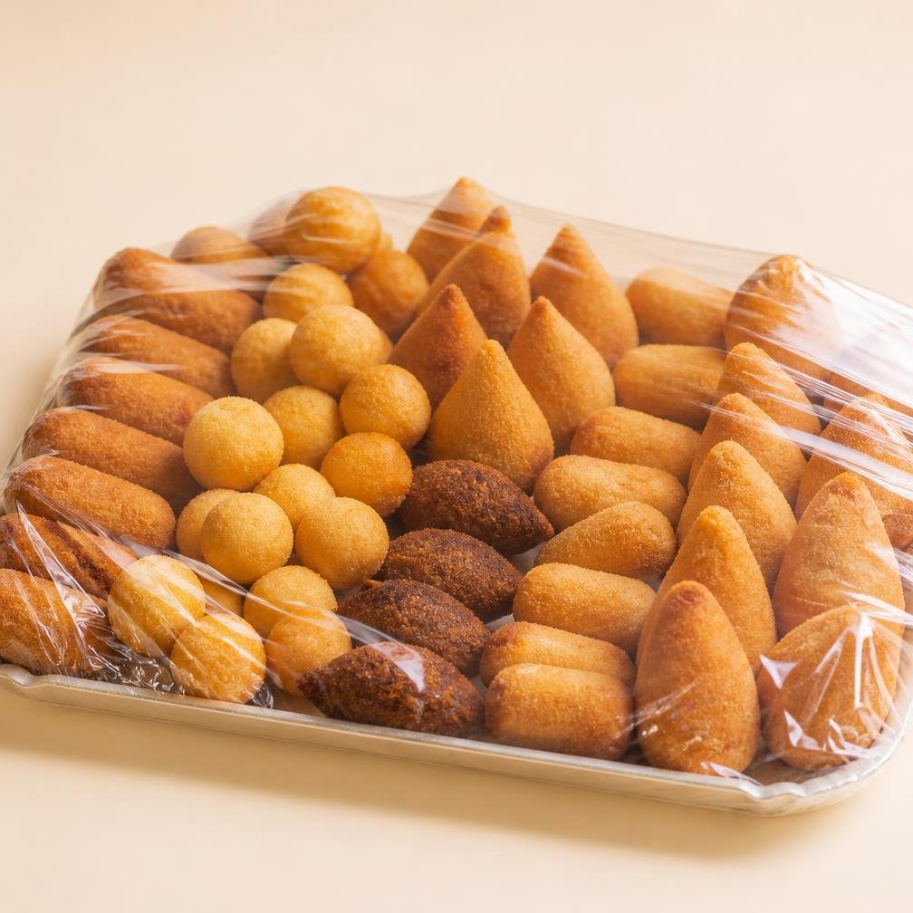 Bandeja de salgados embalada para entrega