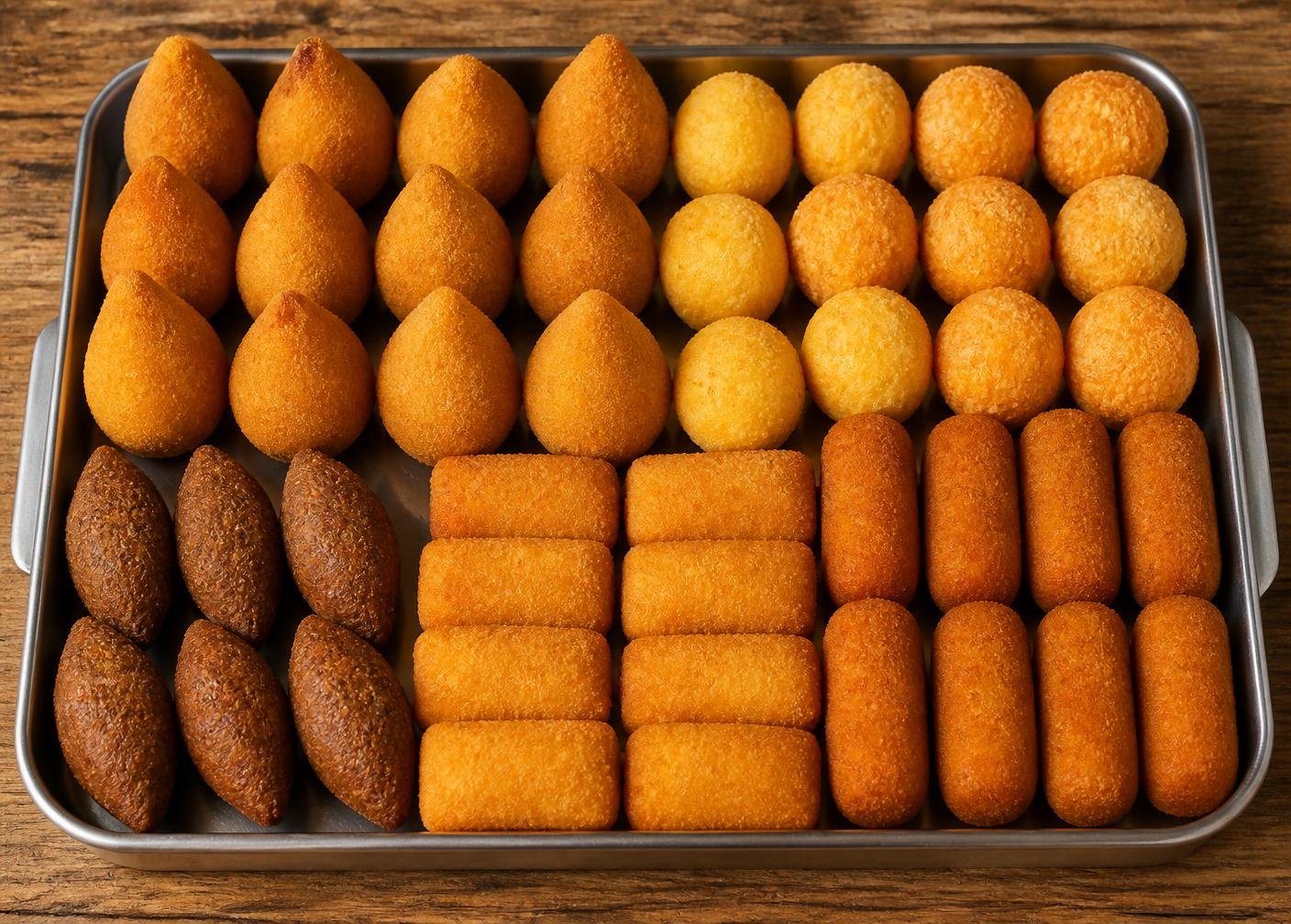 Bandeja com salgados fritos padronizados por formato